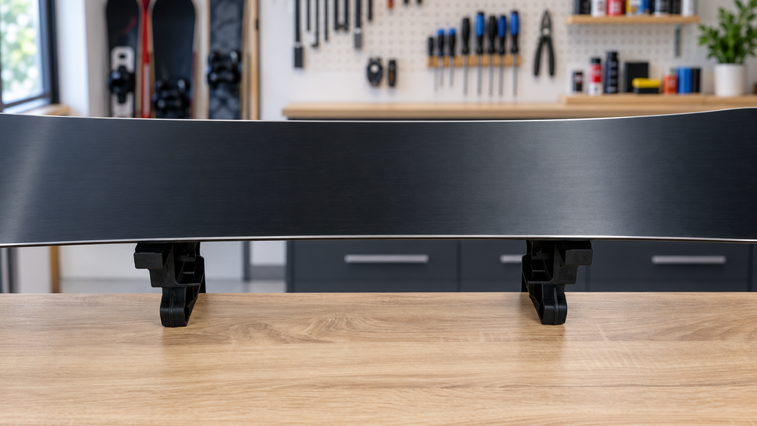 Snowboard secured in two vises for waxing and edge tuning
